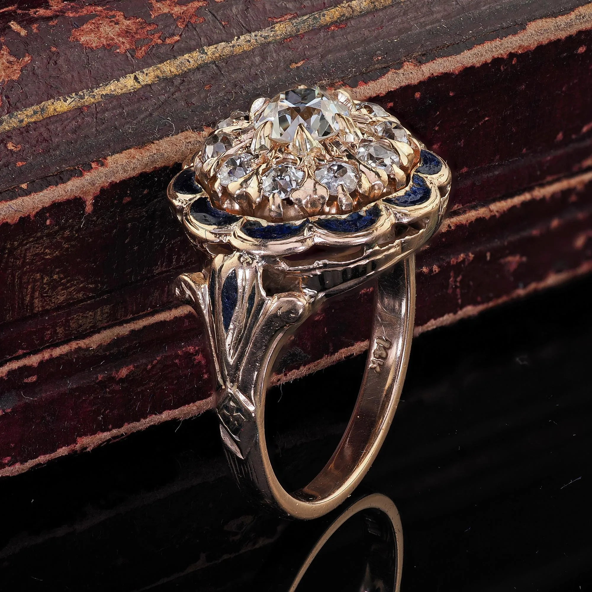 Antique Victorian 14K Gold Old Cut Diamond Blue Enamel Engagement Ring - GIA