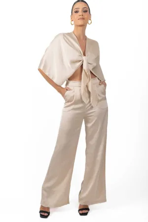Athena Women's Silky Tie Front Top In Beige
