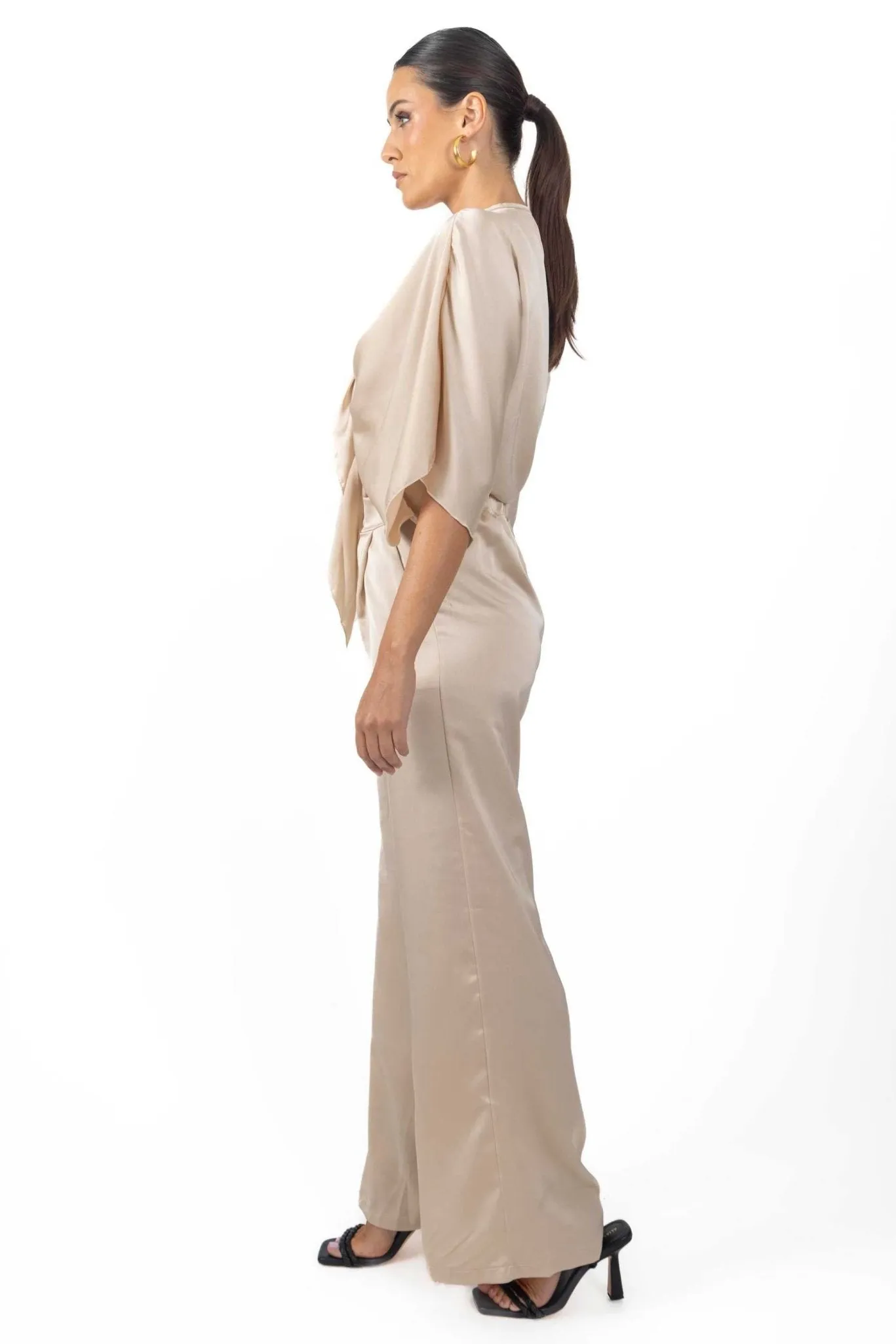 Athena Women's Silky Tie Front Top In Beige