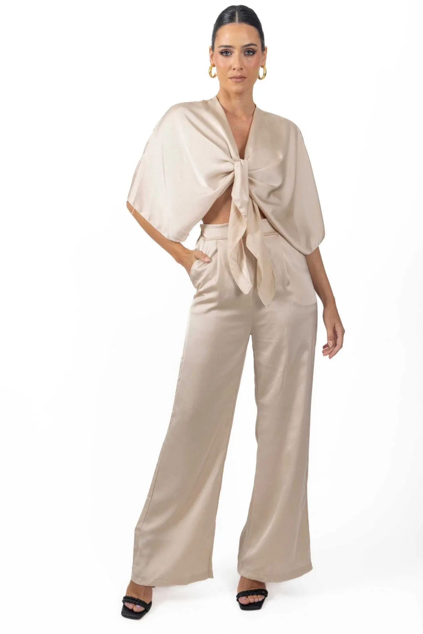 Athena Women's Silky Tie Front Top In Beige
