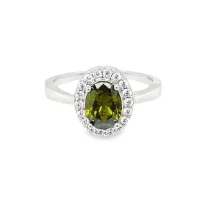 August Birthstone Peridot Color CZ Oval Ring in Sterling Silver