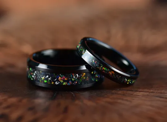 Aurora Flame Ring - Black Tungsten Crushed Opal Women's Wedding Band 4MM