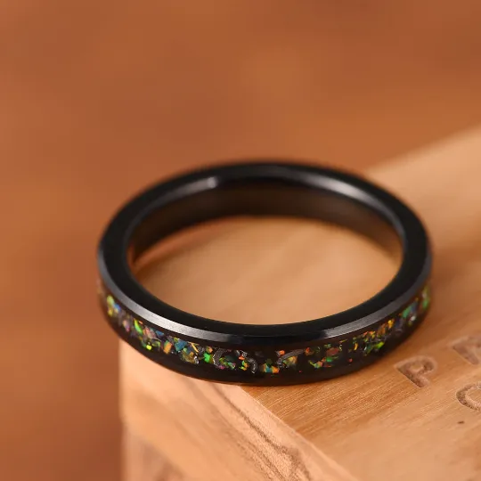 Aurora Flame Ring - Black Tungsten Crushed Opal Women's Wedding Band 4MM