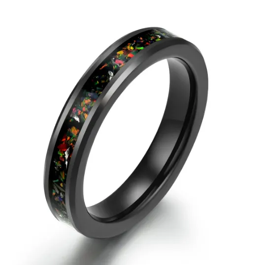 Aurora Flame Ring - Black Tungsten Crushed Opal Women's Wedding Band 4MM