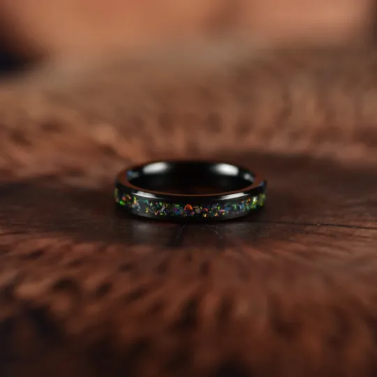 Aurora Flame Ring - Black Tungsten Crushed Opal Women's Wedding Band 4MM