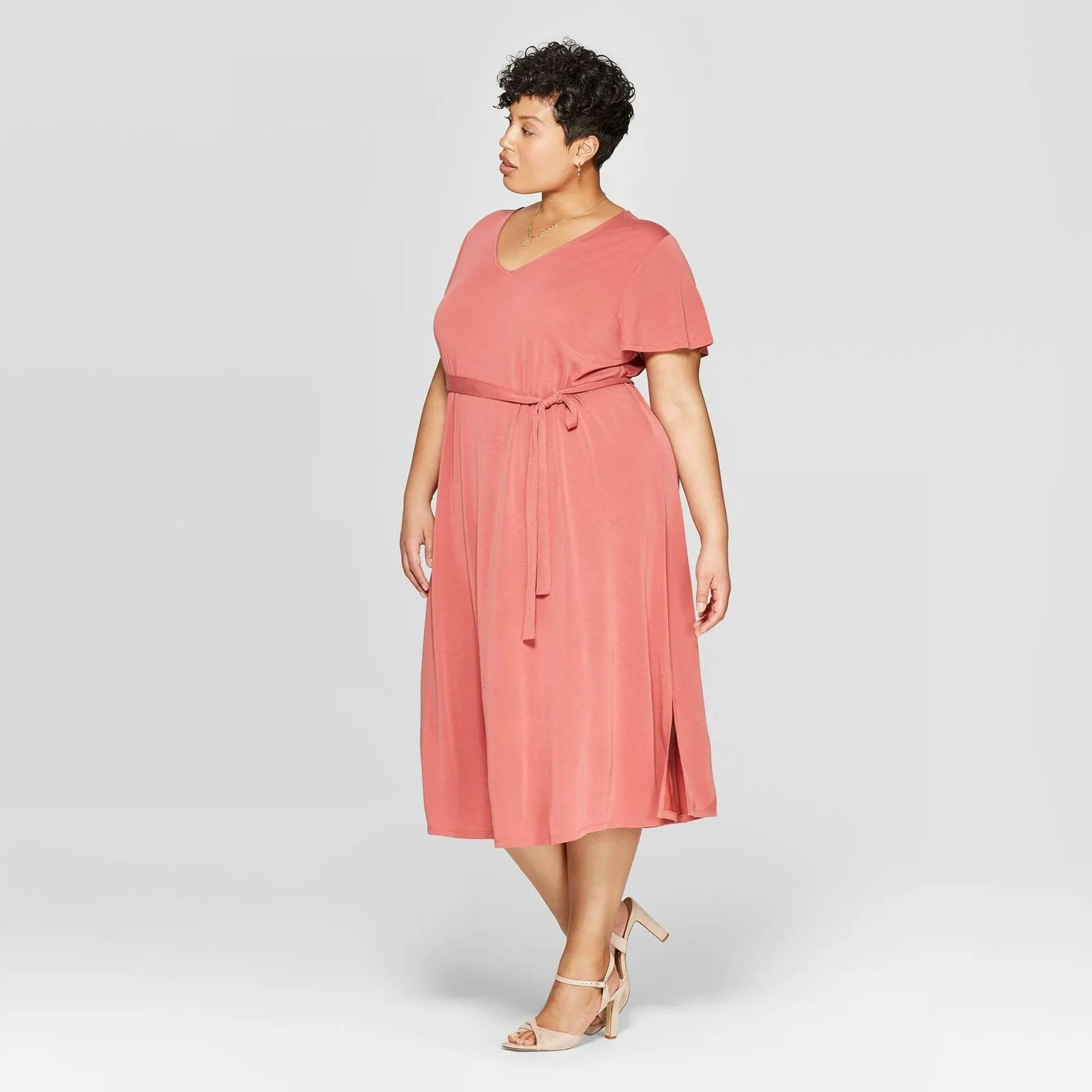 Ava & Viv Women's Plus Size Short Sleeve V-Neck Sand Wash Knit Dress