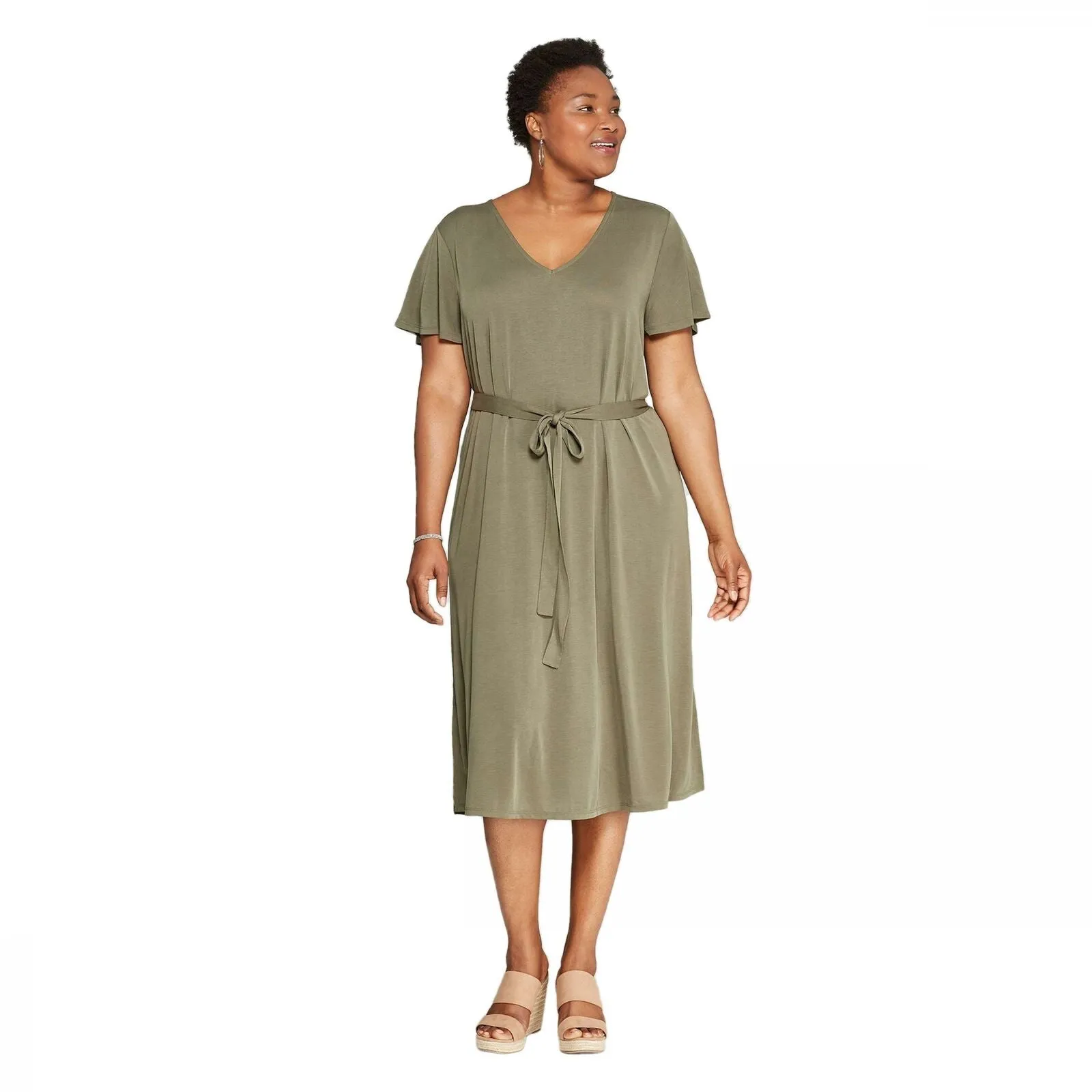 Ava & Viv Women's Plus Size Short Sleeve V-Neck Sand Wash Knit Dress