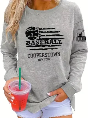 Baseball Print Pullover Sweatshirt, Casual Long Sleeve