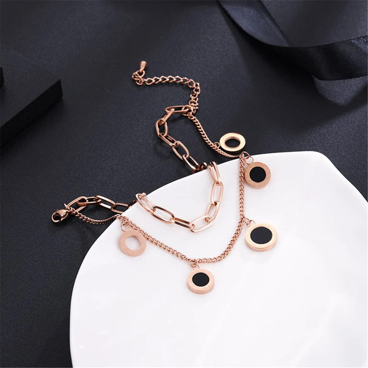 Black & 18K Rose Gold-Plated Roman Numeral Station Bracelet