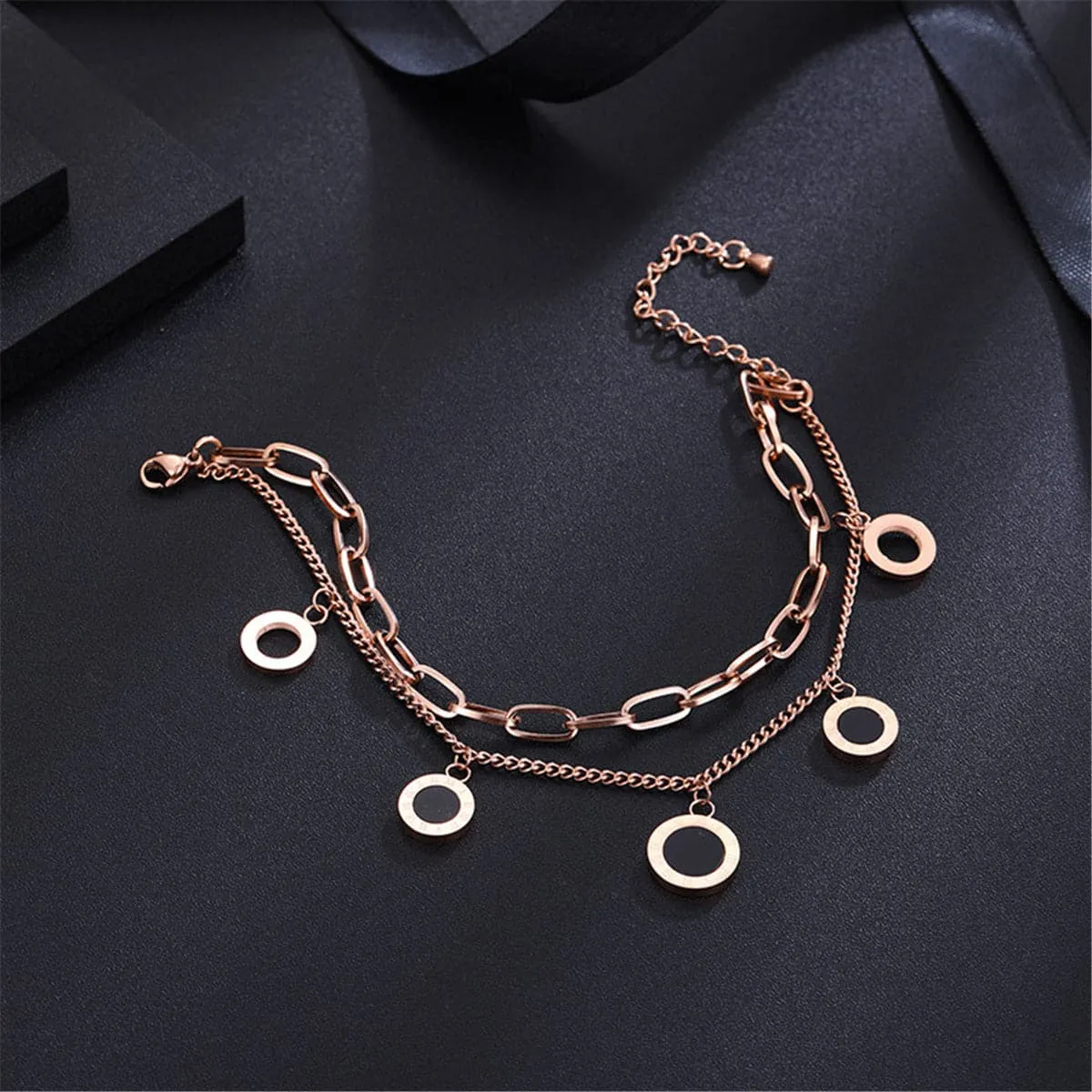 Black & 18K Rose Gold-Plated Roman Numeral Station Bracelet