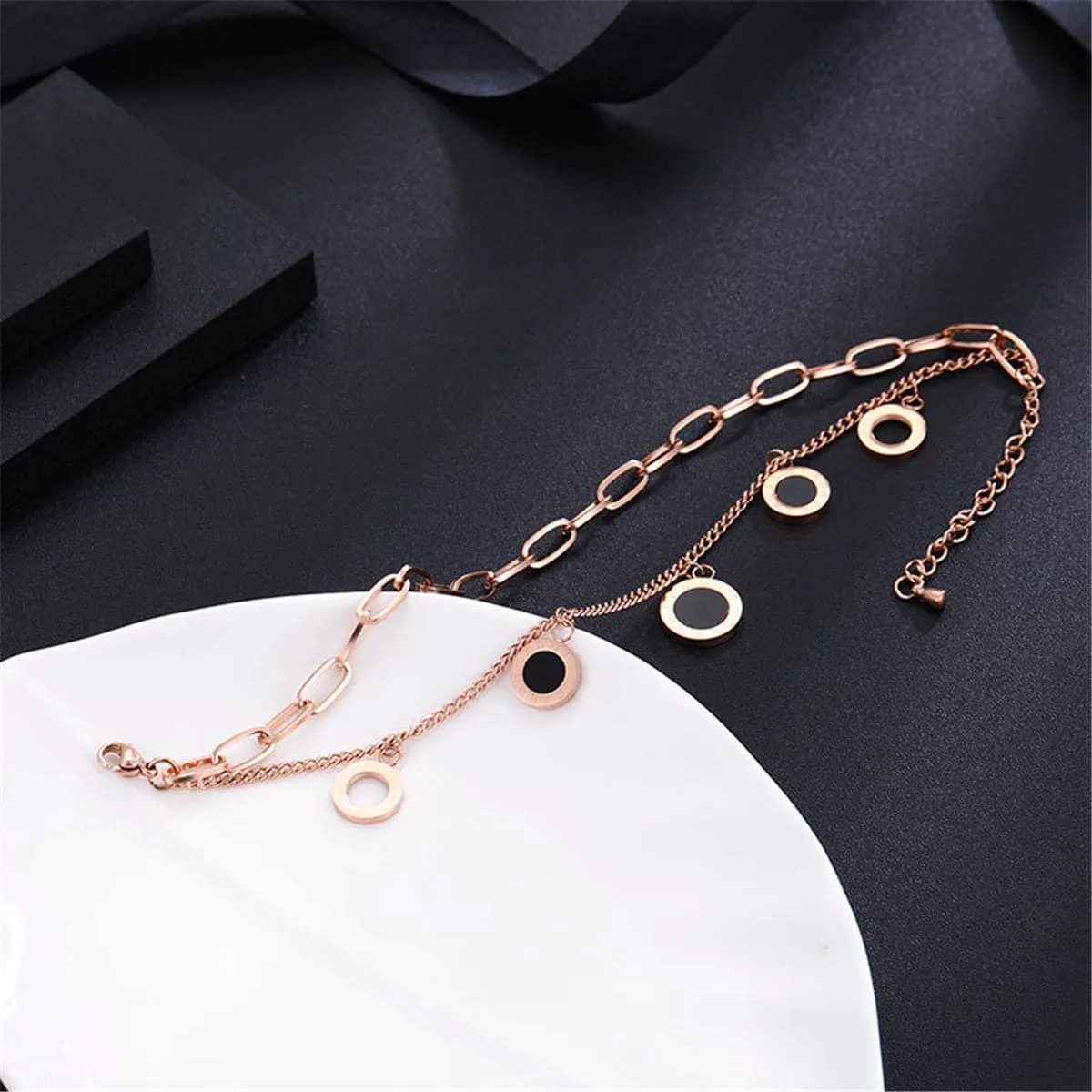 Black & 18K Rose Gold-Plated Roman Numeral Station Bracelet