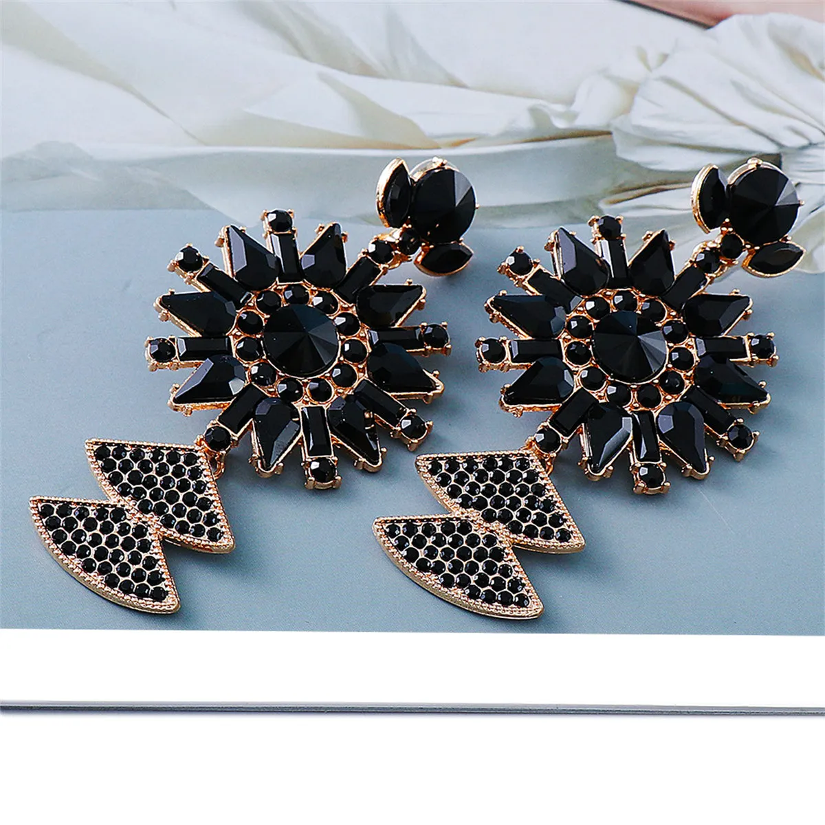 Black Crystal & Cubic Zirconia 18K Gold-Plated Sunflower Drop Earrings