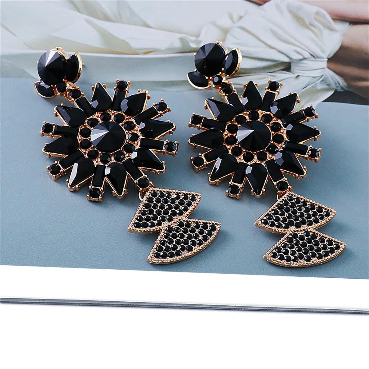 Black Crystal & Cubic Zirconia 18K Gold-Plated Sunflower Drop Earrings