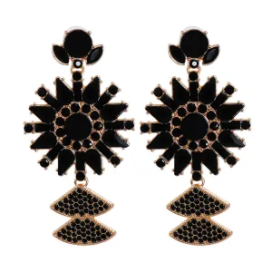 Black Crystal & Cubic Zirconia 18K Gold-Plated Sunflower Drop Earrings