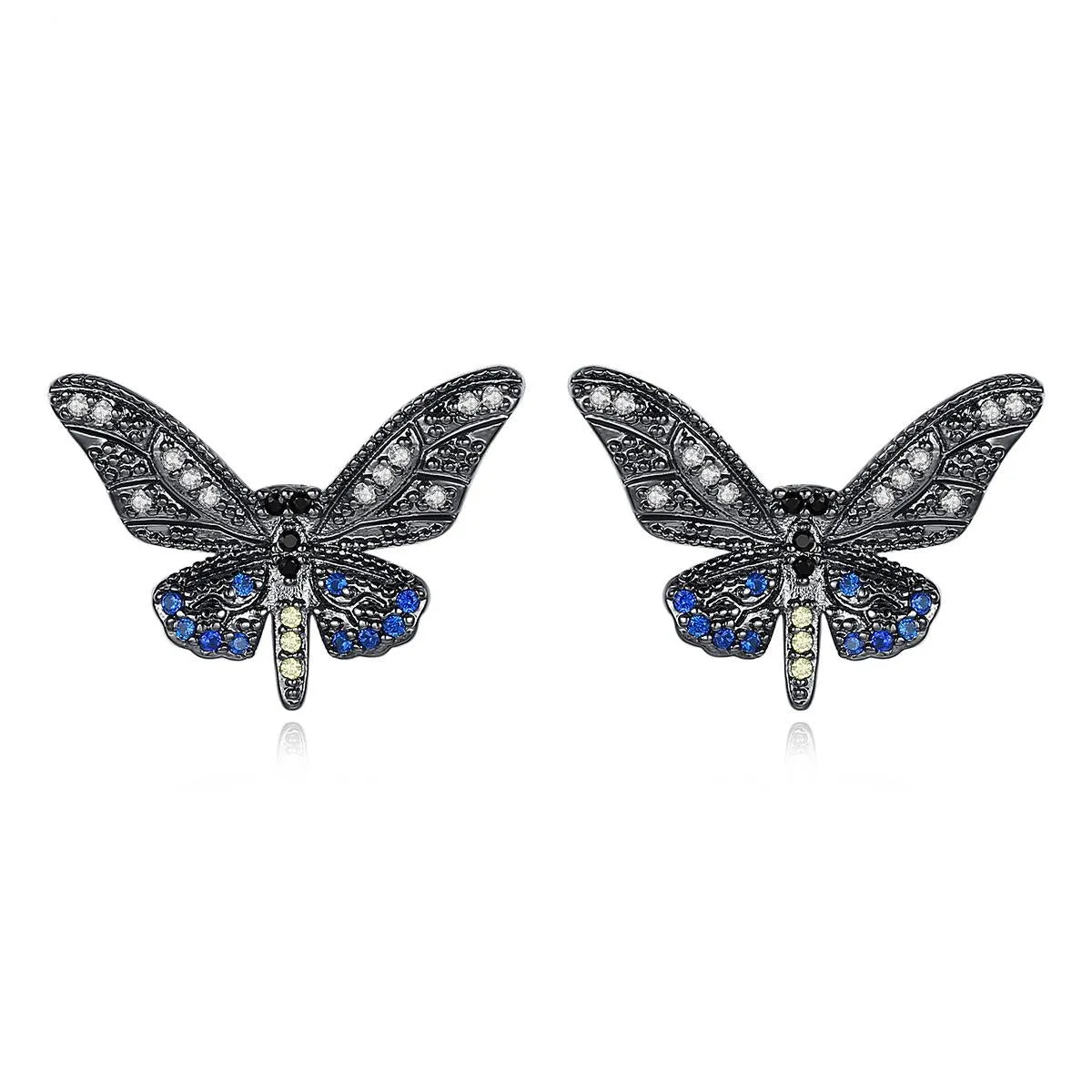 Black Cubic Zirconia & Rhodium-Plated Butterfly Stud Earrings