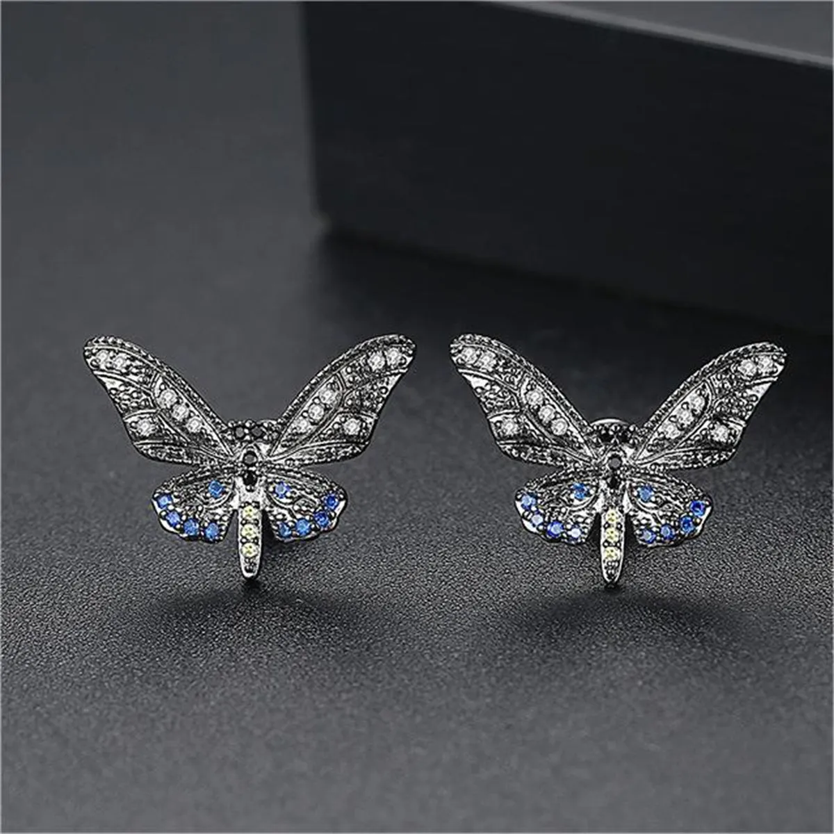 Black Cubic Zirconia & Rhodium-Plated Butterfly Stud Earrings