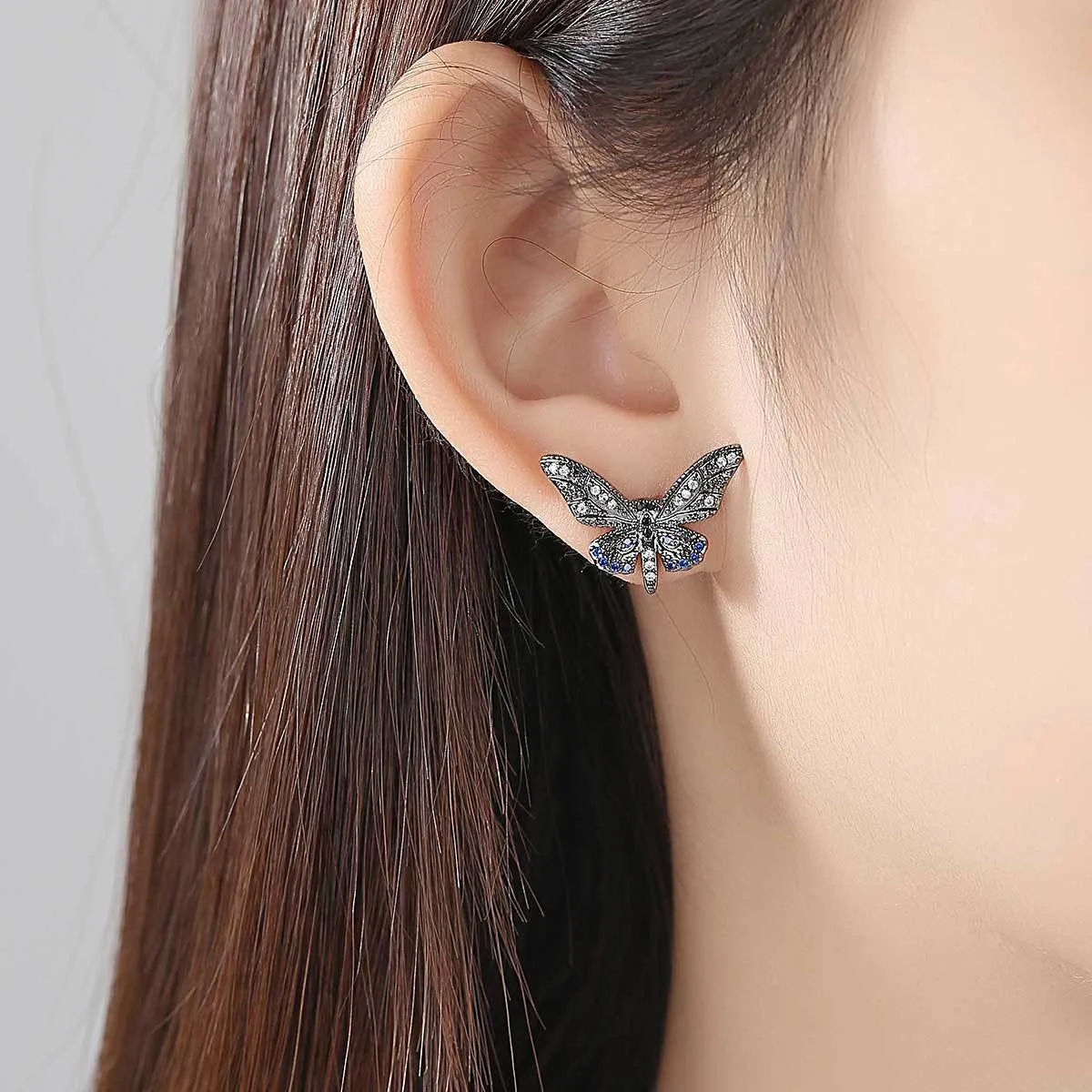 Black Cubic Zirconia & Rhodium-Plated Butterfly Stud Earrings