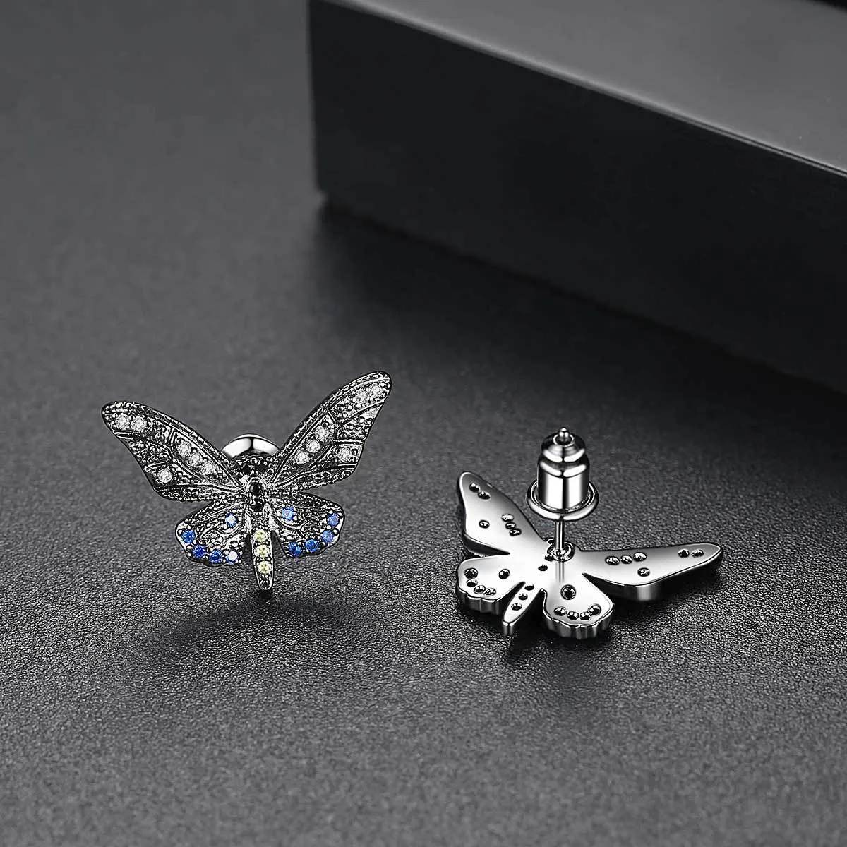 Black Cubic Zirconia & Rhodium-Plated Butterfly Stud Earrings