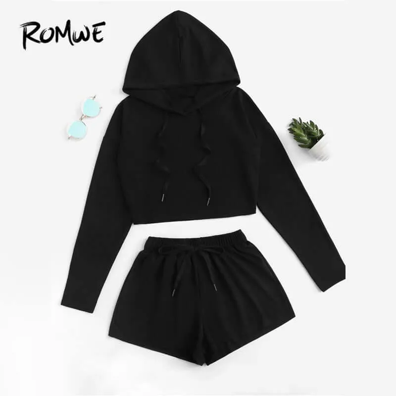 Black Drop Shoulder Drawstring hoodie Top With Shorts Two Piece Set
