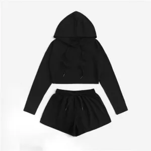 Black Drop Shoulder Drawstring hoodie Top With Shorts Two Piece Set