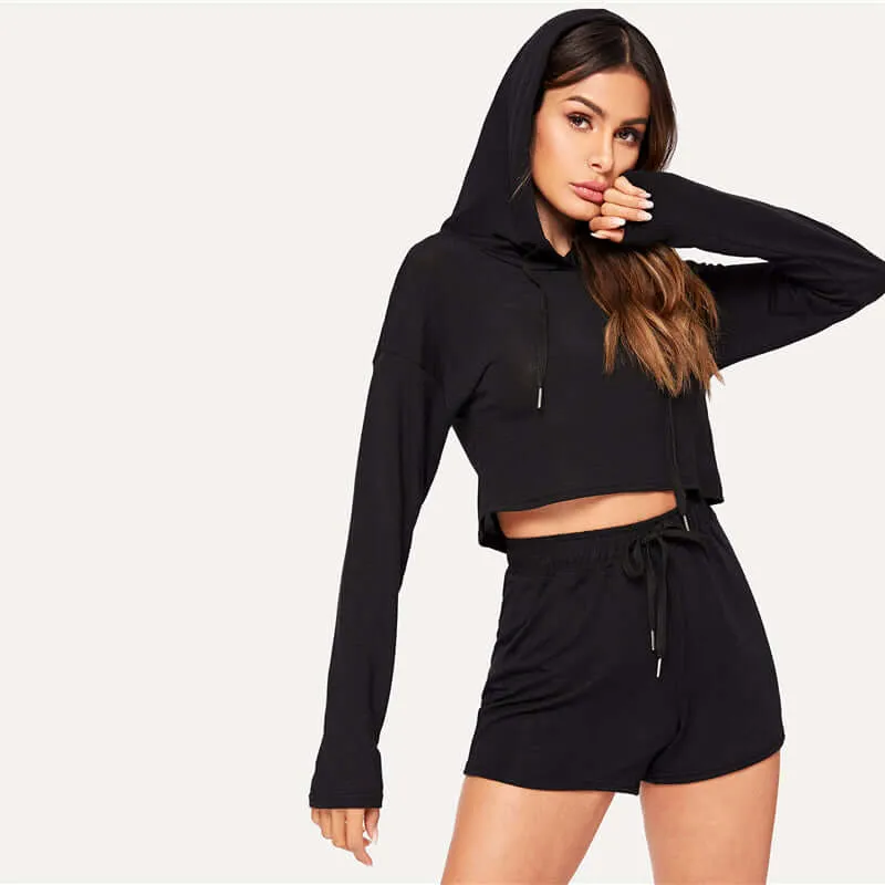 Black Drop Shoulder Drawstring hoodie Top With Shorts Two Piece Set
