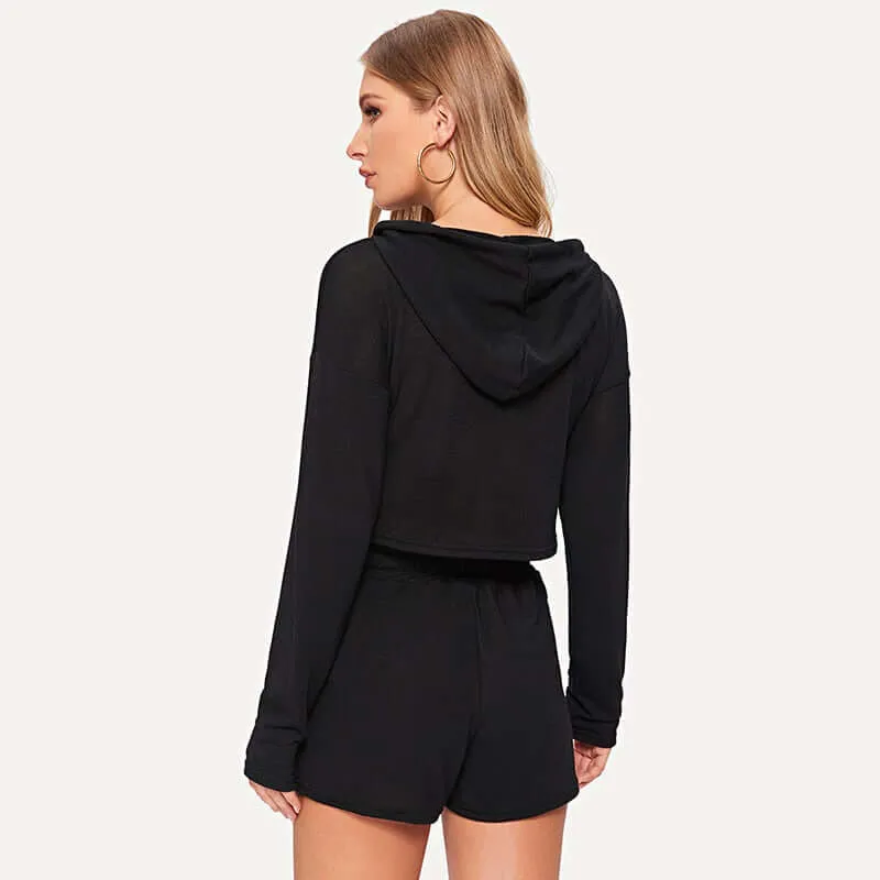 Black Drop Shoulder Drawstring hoodie Top With Shorts Two Piece Set