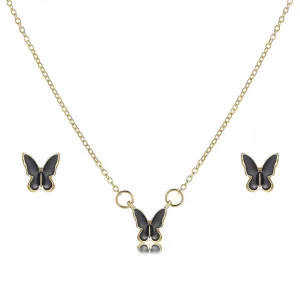 Black Enamel & 18K Gold-Plated Butterfly Pendant Necklace Set