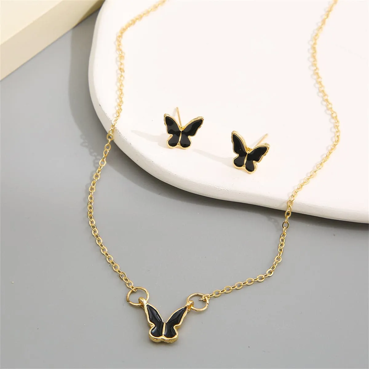 Black Enamel & 18K Gold-Plated Butterfly Pendant Necklace Set