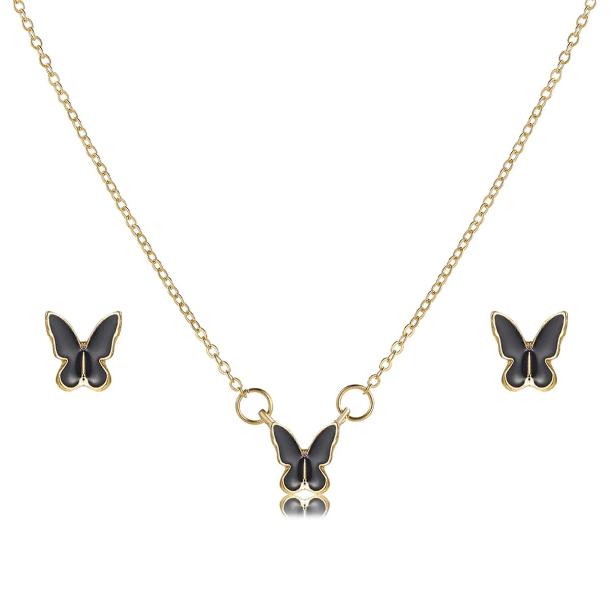 Black Enamel & 18K Gold-Plated Butterfly Pendant Necklace Set