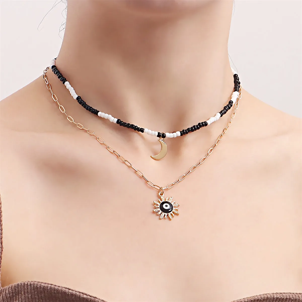 Black Enamel & Howlite 18K Gold-Plated Sun Moon Layered Pendant Necklace
