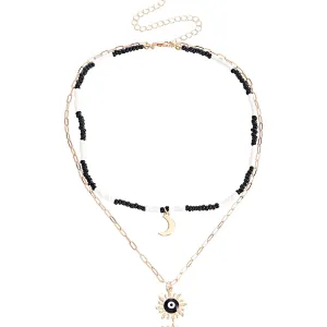 Black Enamel & Howlite 18K Gold-Plated Sun Moon Layered Pendant Necklace
