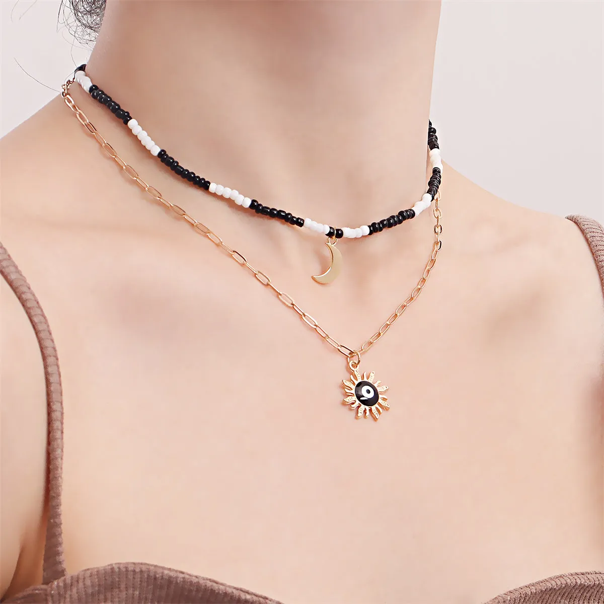 Black Enamel & Howlite 18K Gold-Plated Sun Moon Layered Pendant Necklace
