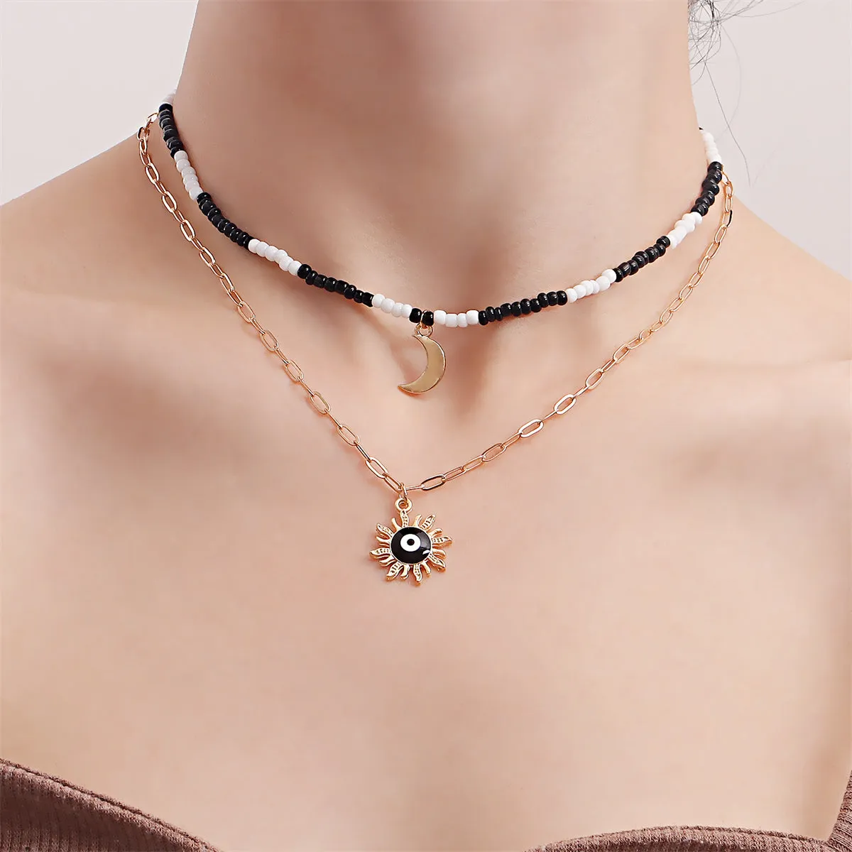 Black Enamel & Howlite 18K Gold-Plated Sun Moon Layered Pendant Necklace
