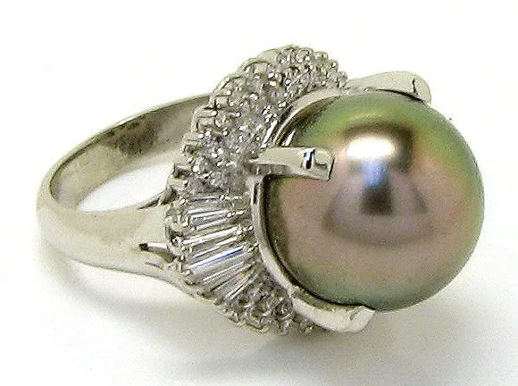 Black Pearl & Diamond Ring in Platinum