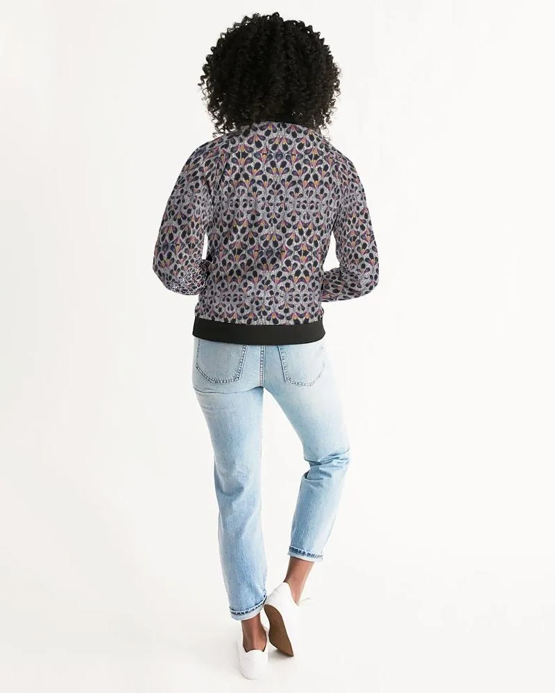 Black Purple Feather African Print Women's Bomber Jacket