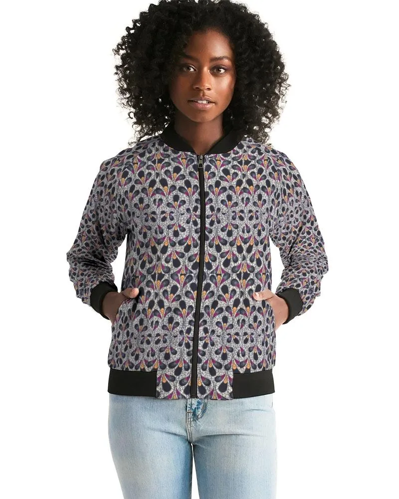 Black Purple Feather African Print Women's Bomber Jacket