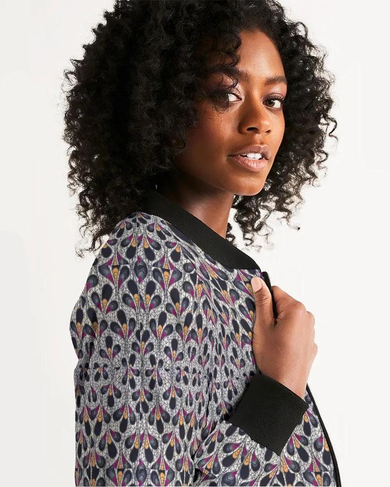 Black Purple Feather African Print Women's Bomber Jacket