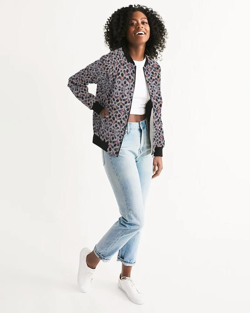 Black Purple Feather African Print Women's Bomber Jacket