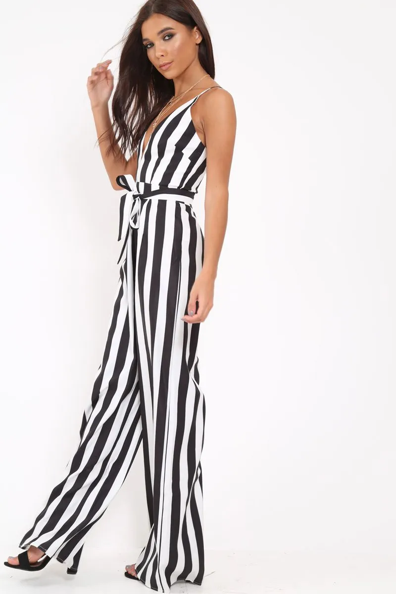 Black Stripe Plunge Jumpsuit - Gwyn