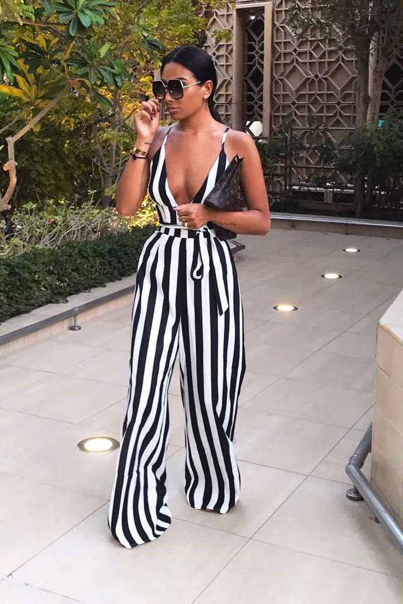 Black Stripe Plunge Jumpsuit - Gwyn