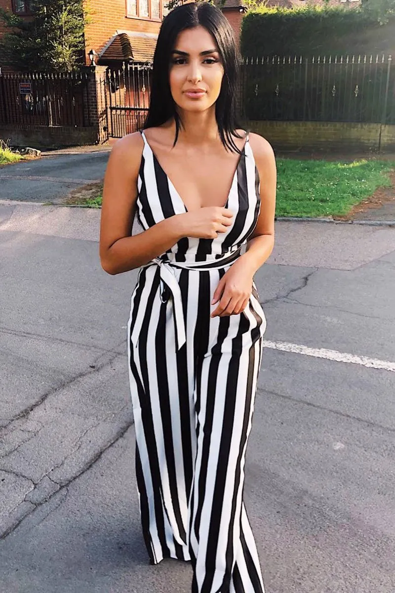 Black Stripe Plunge Jumpsuit - Gwyn