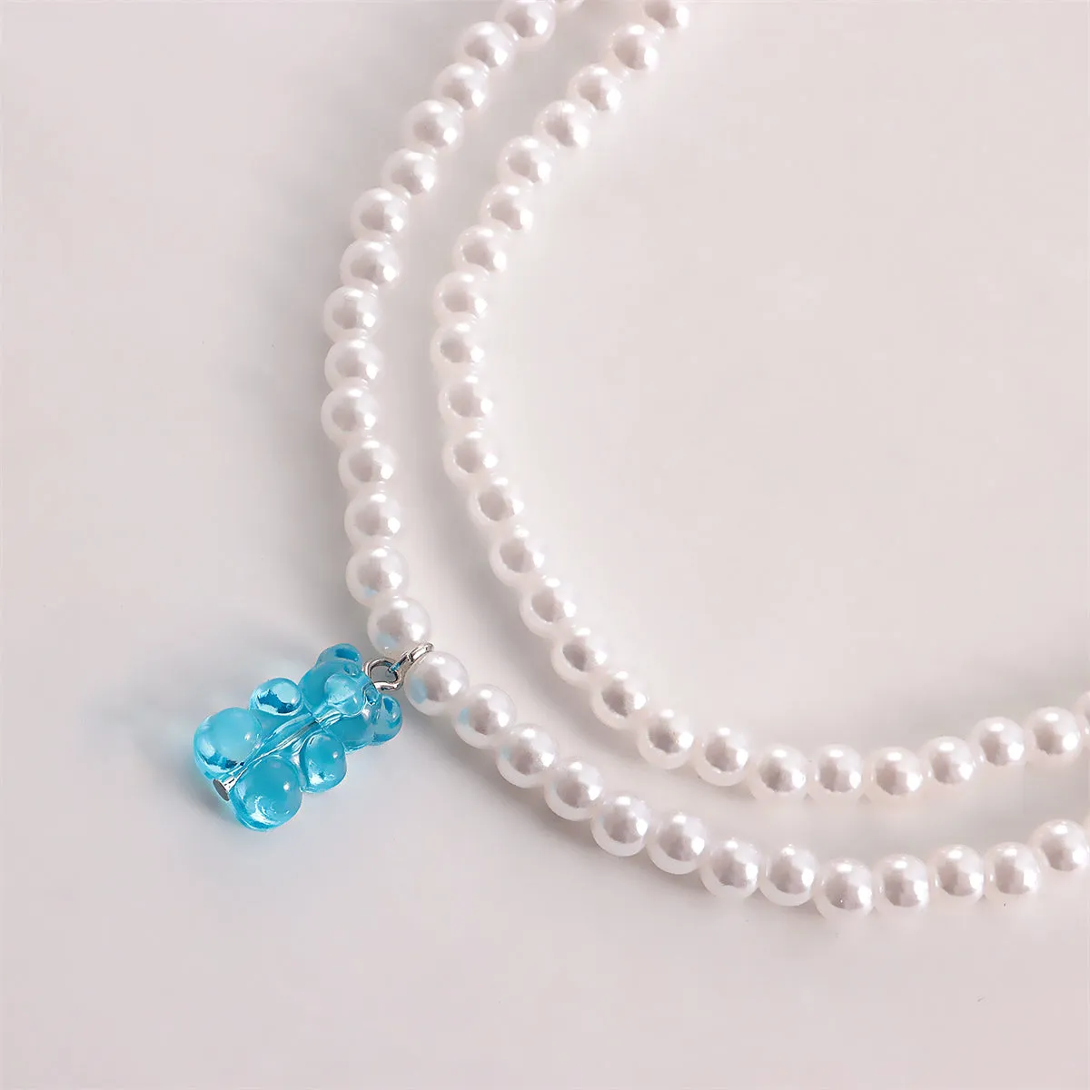 Blue Acrylic & Pearl Bear Layered Pendant Necklace