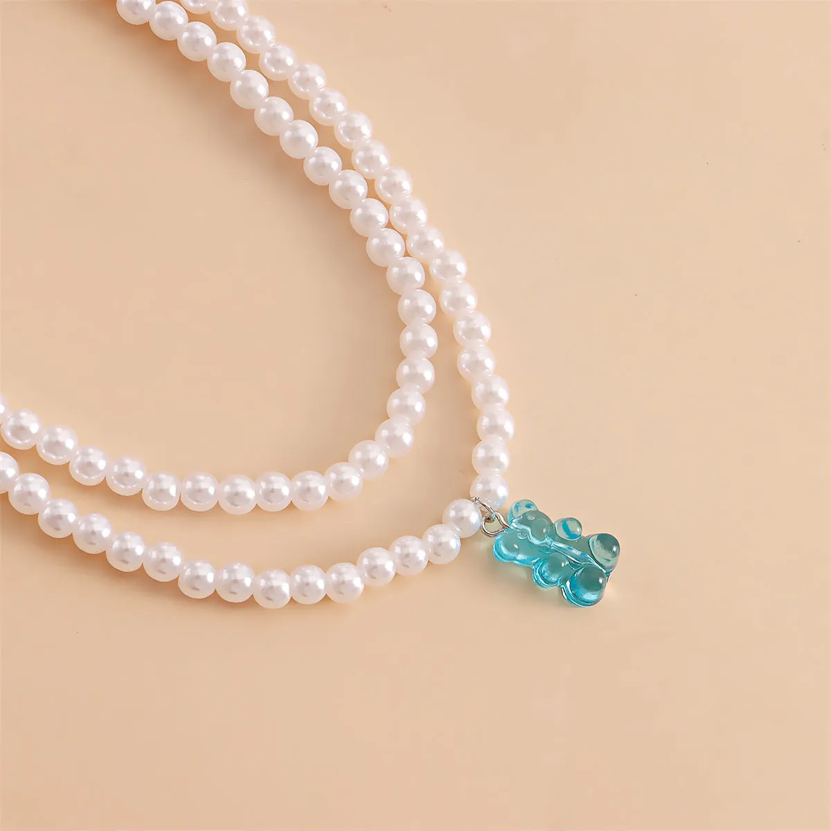 Blue Acrylic & Pearl Bear Layered Pendant Necklace