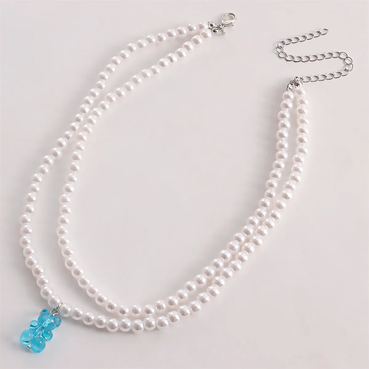 Blue Acrylic & Pearl Bear Layered Pendant Necklace