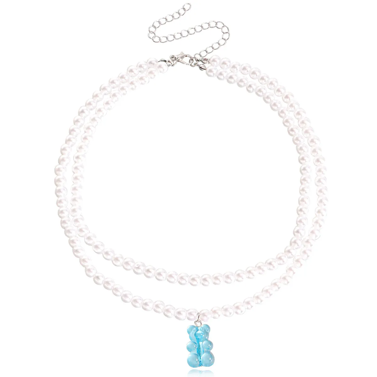 Blue Acrylic & Pearl Bear Layered Pendant Necklace