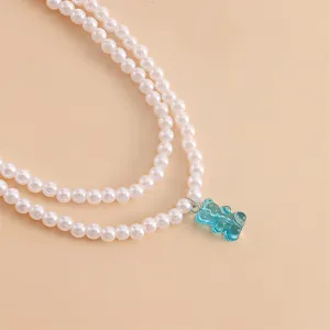 Blue Acrylic & Pearl Bear Layered Pendant Necklace