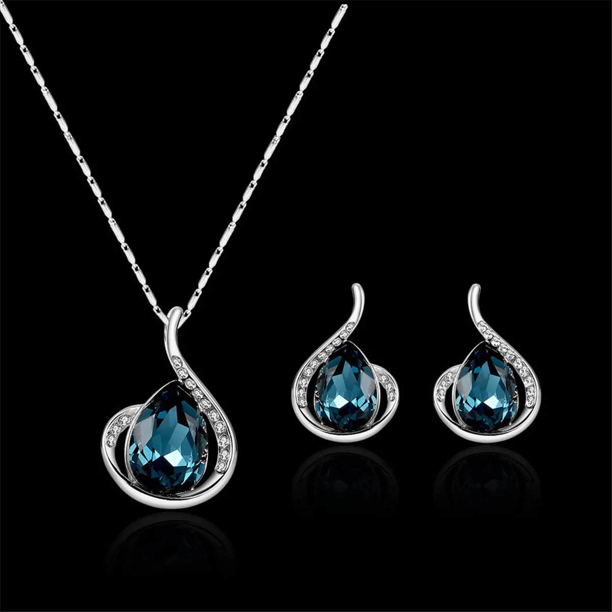 Blue & Silver-Plated Pear Pendant Necklace & Drop Earrings