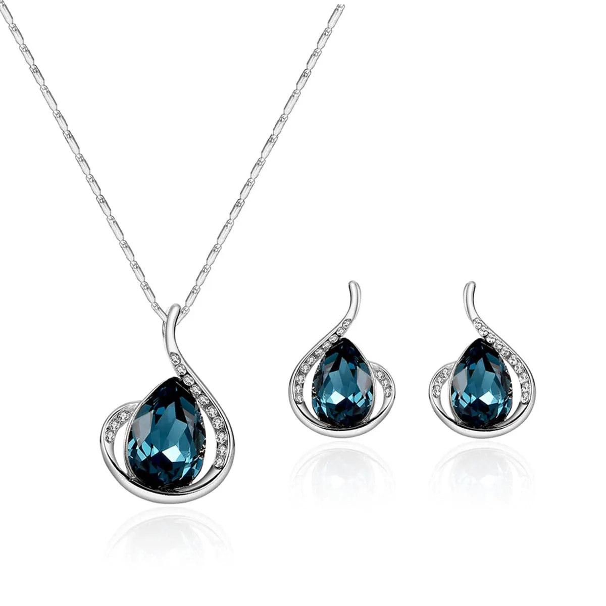 Blue & Silver-Plated Pear Pendant Necklace & Drop Earrings