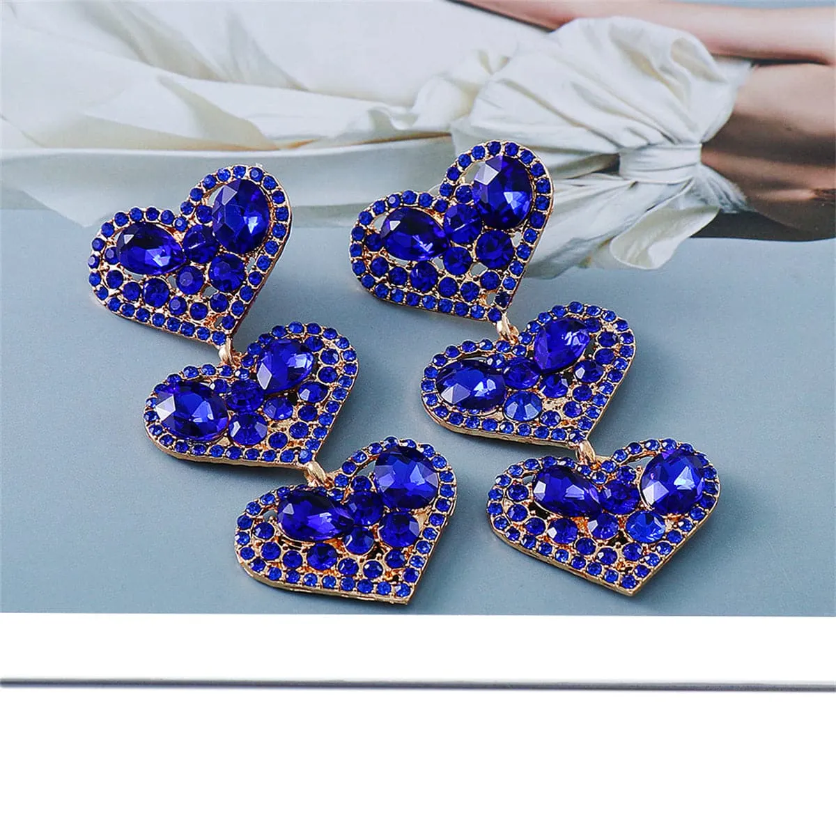 Blue Crystal & Cubic Zirconia 18K Gold-Plated Linked Heart Dangle Earring