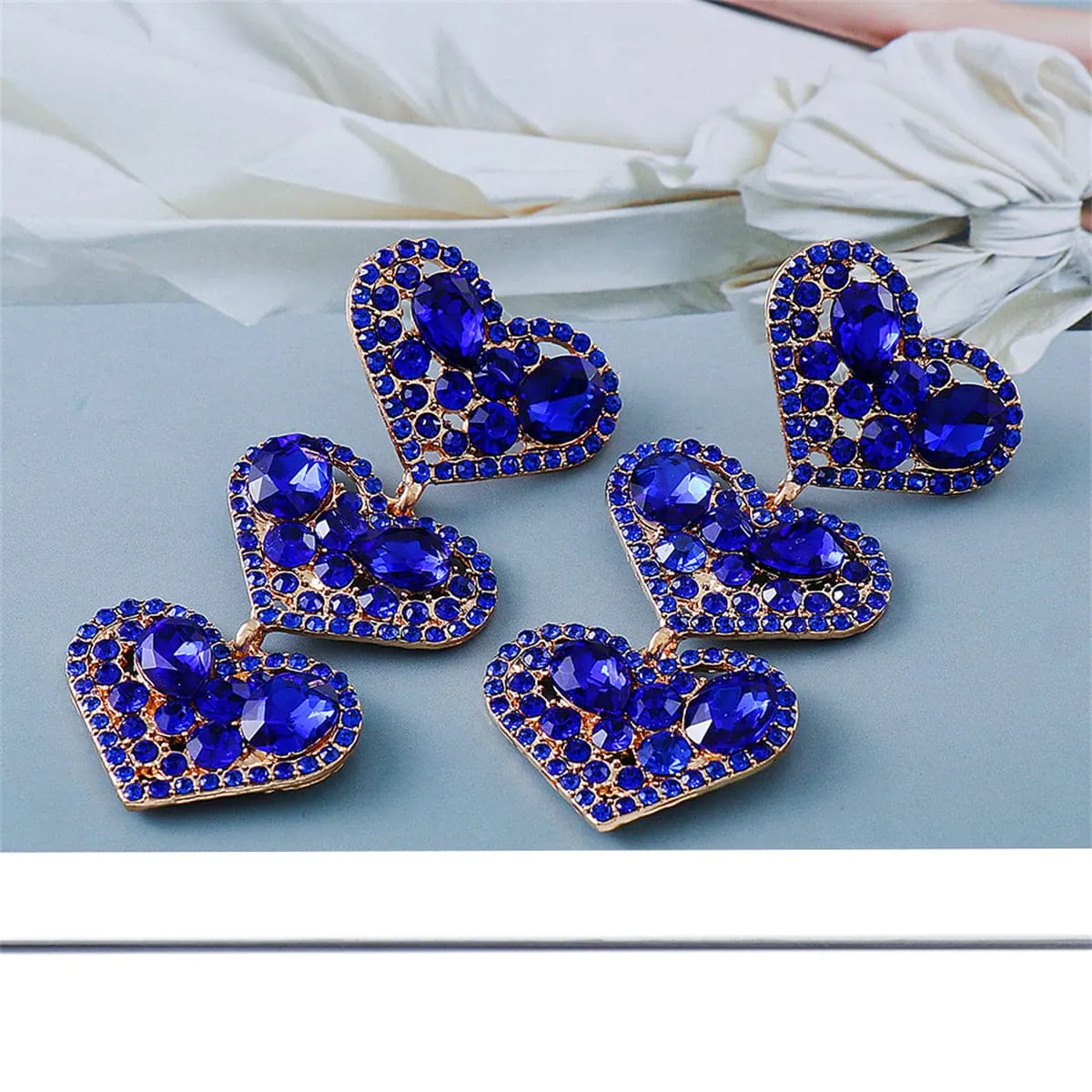 Blue Crystal & Cubic Zirconia 18K Gold-Plated Linked Heart Dangle Earring